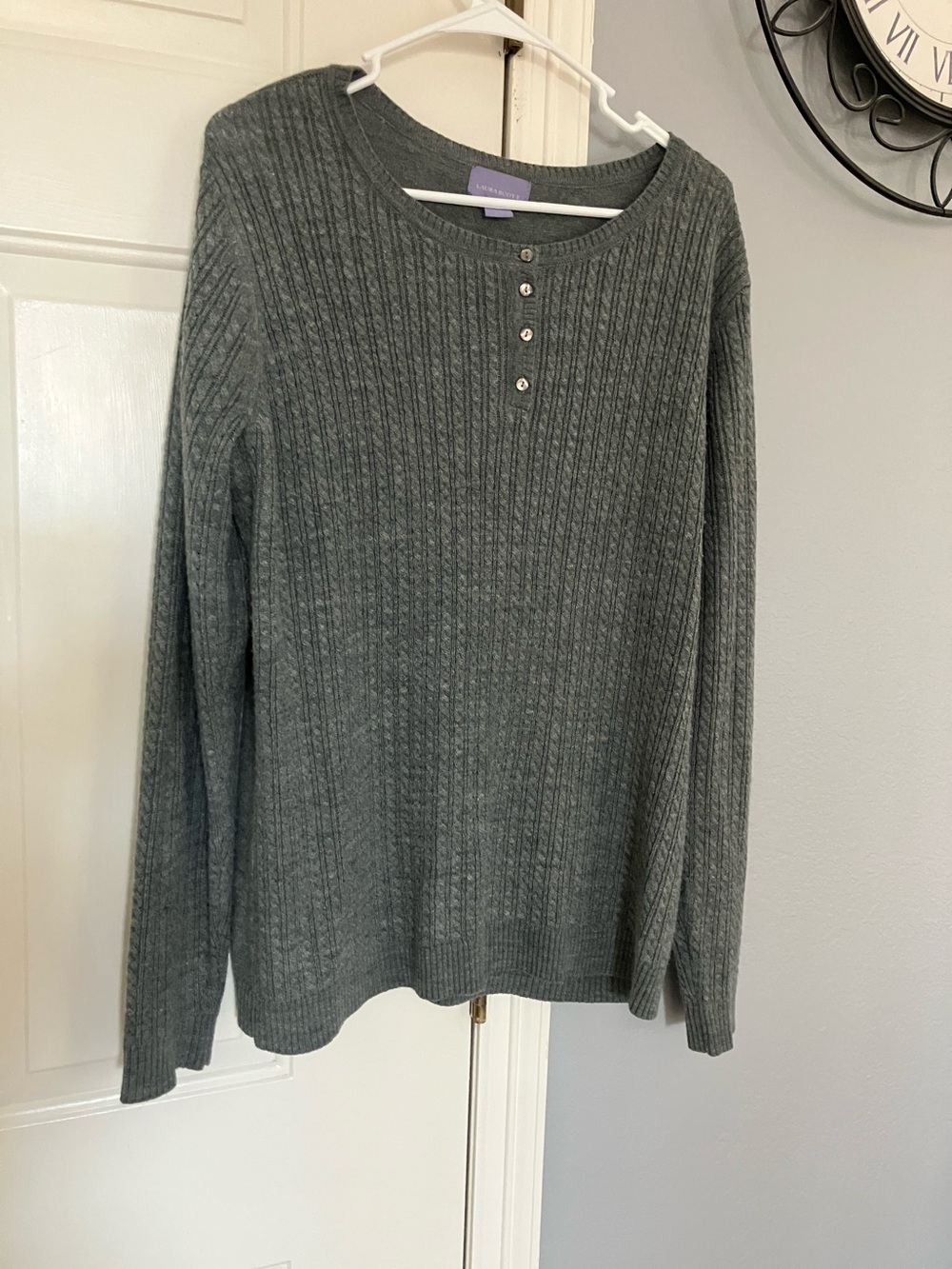 Laura Scott Charcoal Ribbed Crewneck Sweater with Button Placket